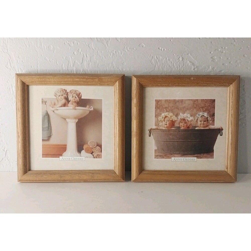 Vintage Anne Geddes Bathroom Prints 90s Babies Framed Decor 7x7‎ Set Of 2